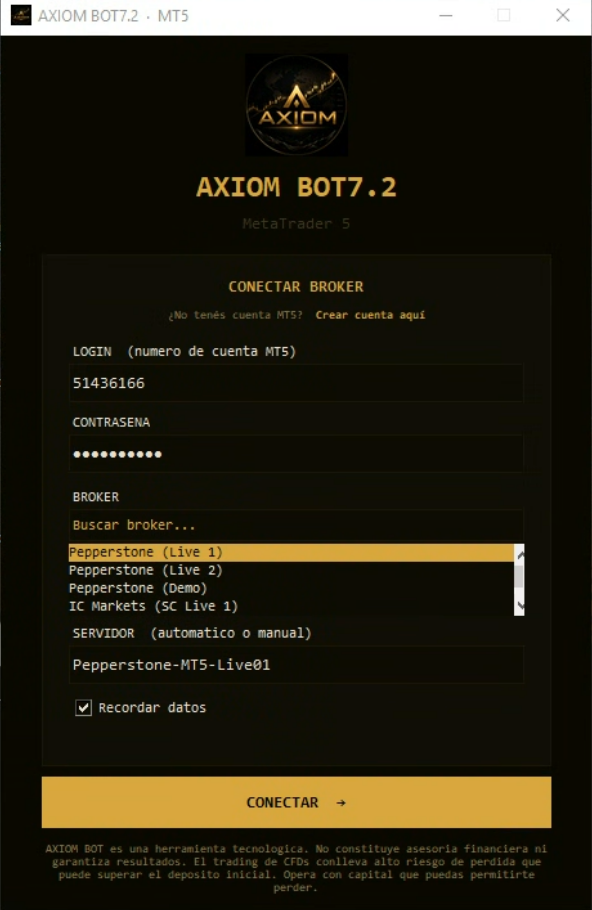 Pantalla de conexión a bróker MT5 de AXIOM BOT v8.0