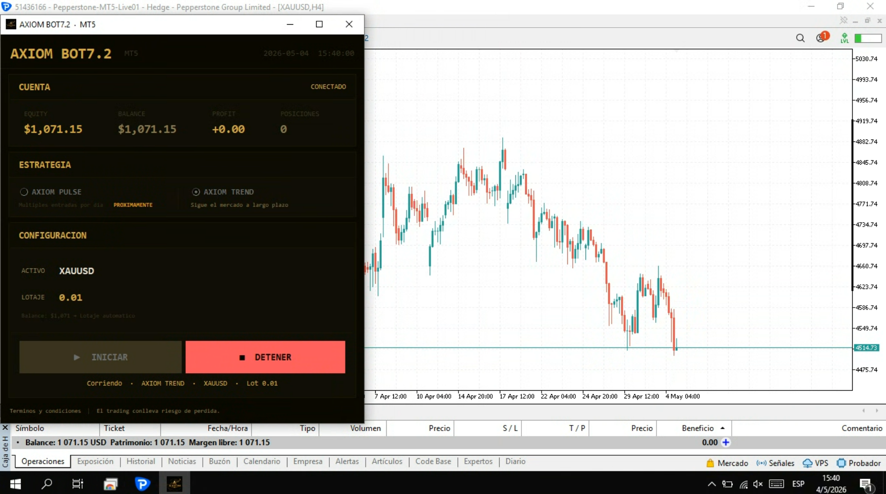 AXIOM BOT v8.0 operando XAUUSD en vivo con estrategia AXIOM TREND